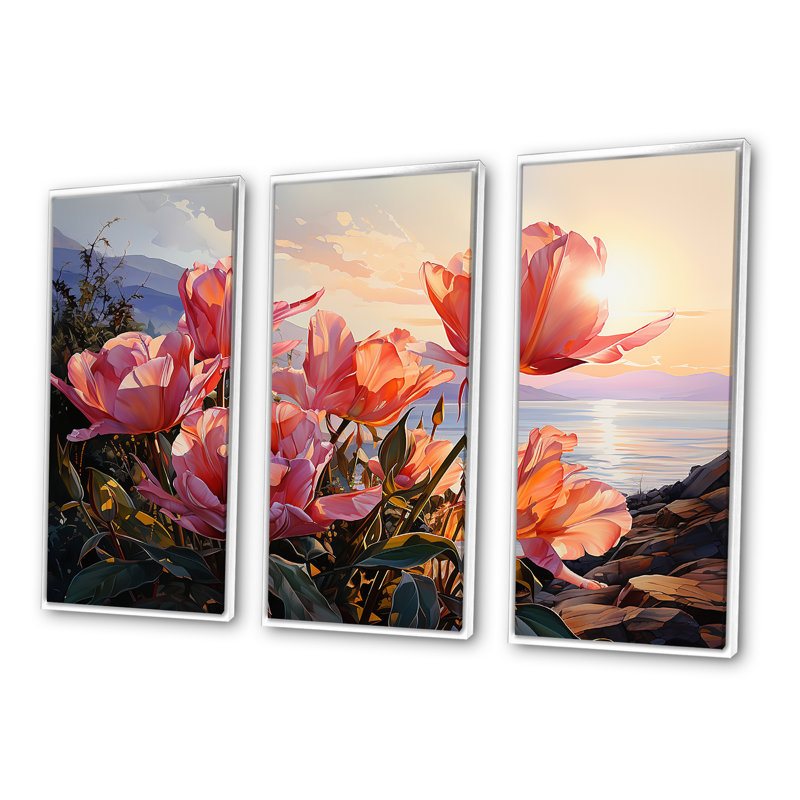 Ensemble de salon mural Tulipes, Cadre flottant blanc, H 32 po x l 48 po x P 1 po