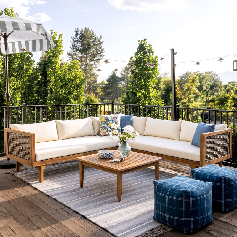 Eli Patio 4-Piece Acacia Wood Sectional Sofa Set With Removable Cushions, Beige