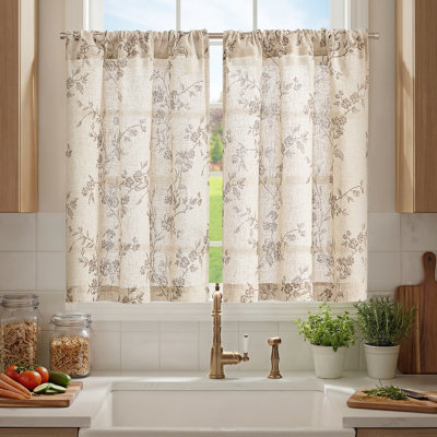 Farmhouse Floral Semi-Sheer Tier Curtains, Linen Blend Cafe Curtain for Kitchen