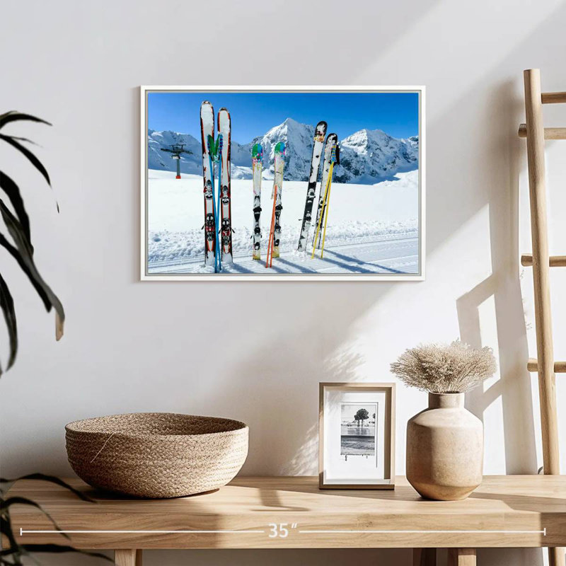Snowy Mountain Skis, Floating Frame White, 19" X 13"