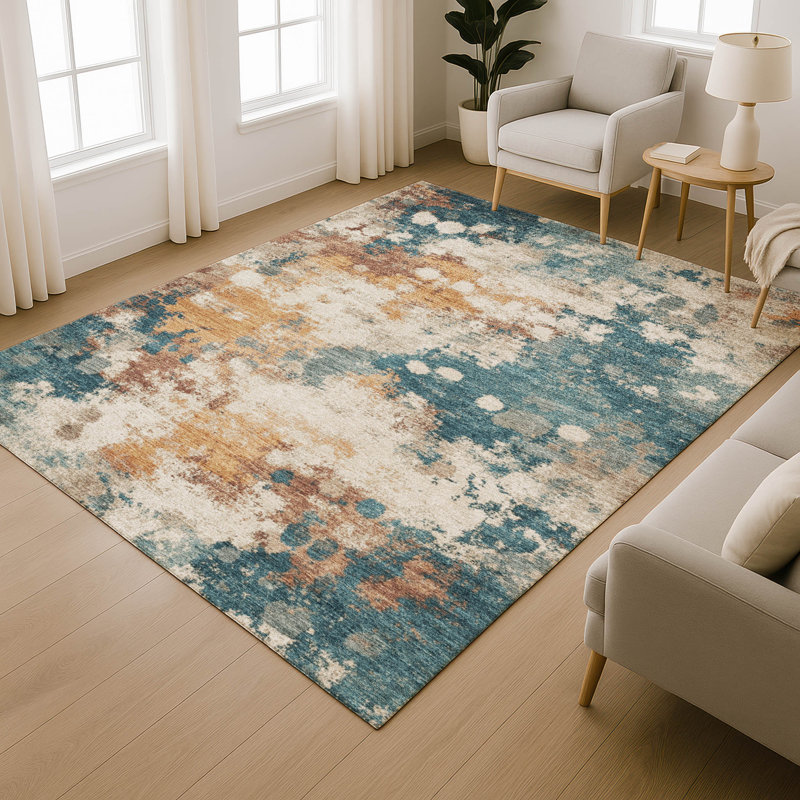 Premium Machine Washable Mayfield AMF2114 Abstract Rug, 10' x 14', Teal