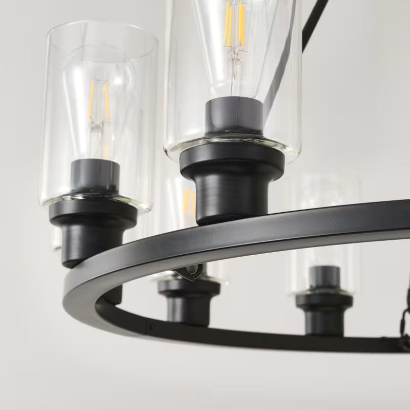 Lustre en roue de chariot 9 lumières noires | Abat-jour en cristal, à piles, semi-encastré pour le salon, la salle à manger, la cuisine - E26