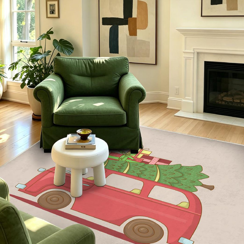 Tapis intérieur rouge lavable à la machine, dessiné à la main, représentant un autobus avec un sapin de Noël et un bus.