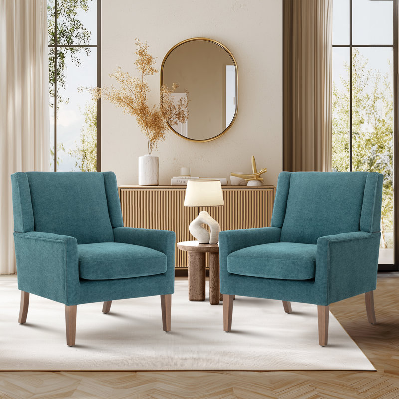 28.35'' Wide Wing Back Upholstered Accent Armchair (Set of 2), Teal Linen
