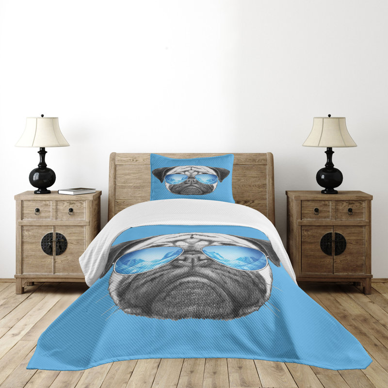 Twin White Quilted Bedspread Set with Pug Design