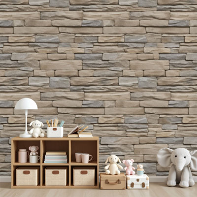 Papier peint adhésif mural en briques de pierre neutres gris, beige et gris, 69 x H 96 po, papier mural amovible en PVC pour décoration de chambre à coucher, de chambre de bébé et de chambre d'enfant