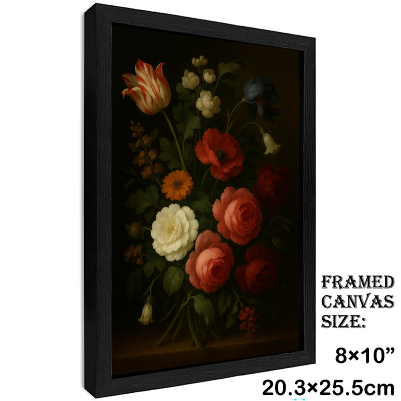 Reproduction encadrée noire rétro de diverses fleurs dans un vase, impressions sur toile de style rétro, H 11 po x l 9 po