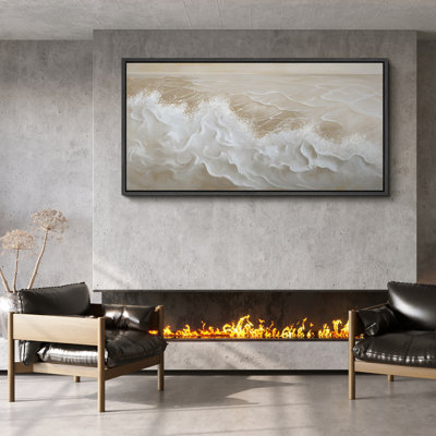 Neutral Ocean Wave Framed Canvas - Beige and White Coastal Seascape Art