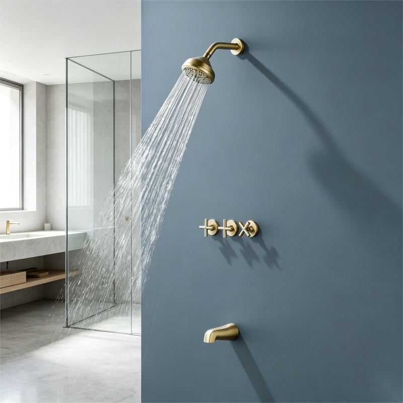 Ensemble de baignoire et douche à fixation murale à trois poignées Topcraft, Brushed Gold