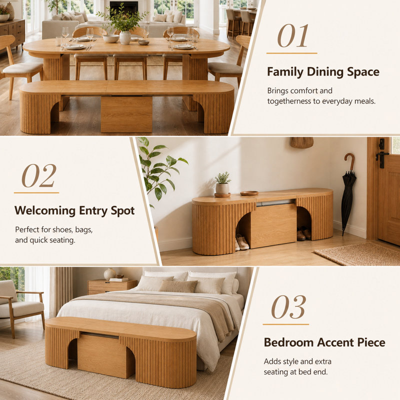 Solid Wood Extendable Dining Bench, Organic Modern 46" - 101" Fluted Entryway Bench with Hidden Extension & Sculptural Arch