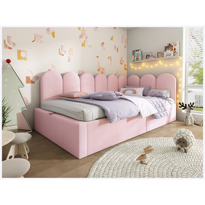 Lit de jour double coffre capitonné avec rangement hydraulique, canapé-lit en velours avec cadre à lattes métalliques, rose (matelas non inclus)