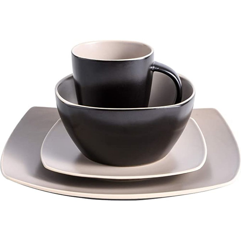 Ivy Bronx  Stoneware Dinnerware - Service for 4, Taupe/Black