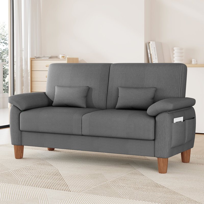 180cm corduroy 2-seater sofa with solid wood frame, spring seat cushion and two throw pillows, Grey