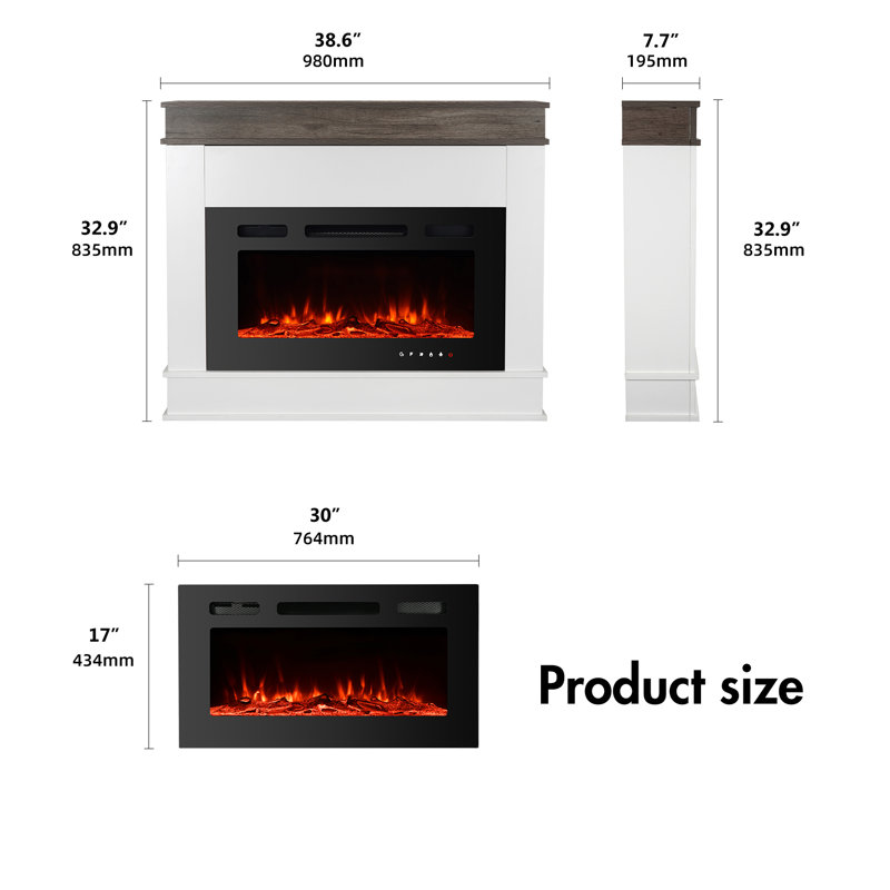 Electric Fireplace Mantel With 30" Fireplace 12 Colors Flame, Black, 33" H x 38.5" W x 7.7" D
