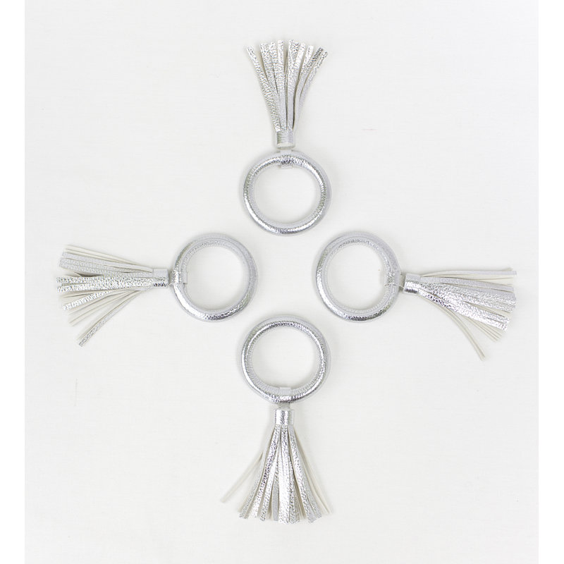 Ensemble de 4 rondelles de serviette à pampilles argentées en cuir véritable, Argent