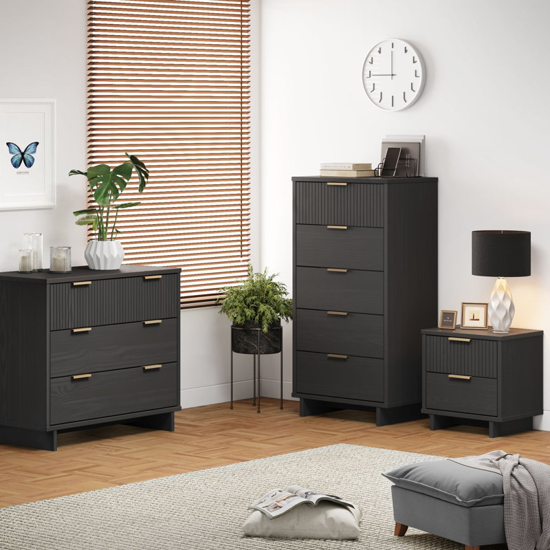 Ensemble de chambre à coucher en bois massif 3 pièces avec commode, commode et table de chevet Granville, Gris foncé