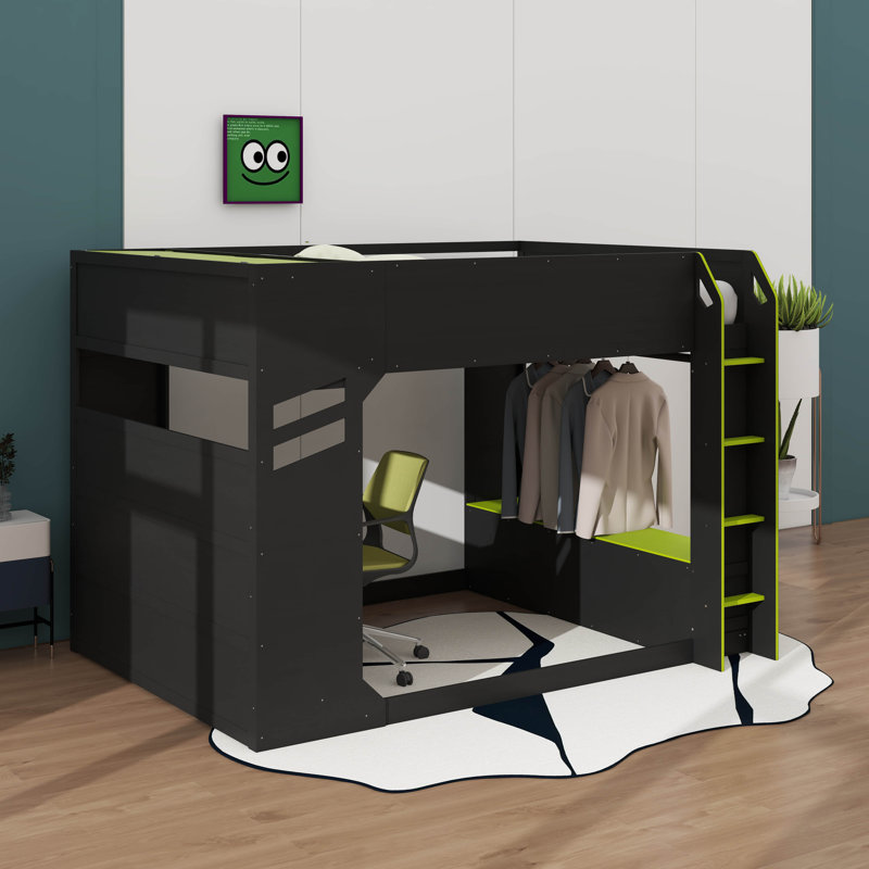 Full Size Wood Loft Bed With Desk,Drawers,Storage Compartments,Hanging Rod And RGB Lights, Green