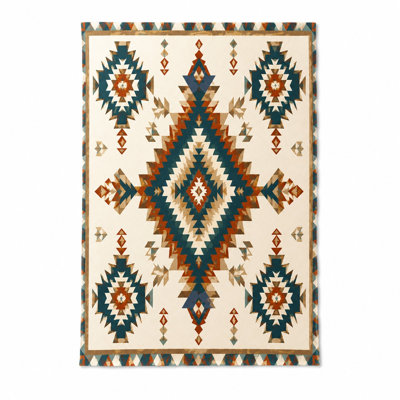 1Pcs Geometric Tribal Beach Towel, featuring intricate diamond and triangle patterns in teal, rust, cream. Large microfiber for, pool, outdoor adventures, unisex.