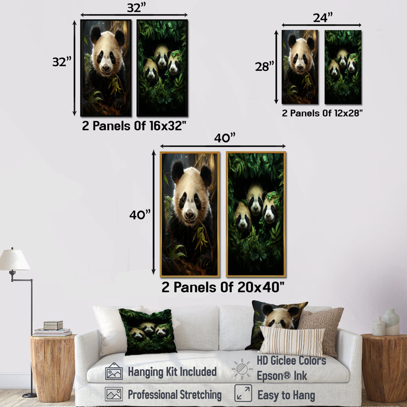 Ensemble de 2 reproductions d'art mural Pandas Play III - Panda, Cadre flottant doré, H 28 po x l 25 po