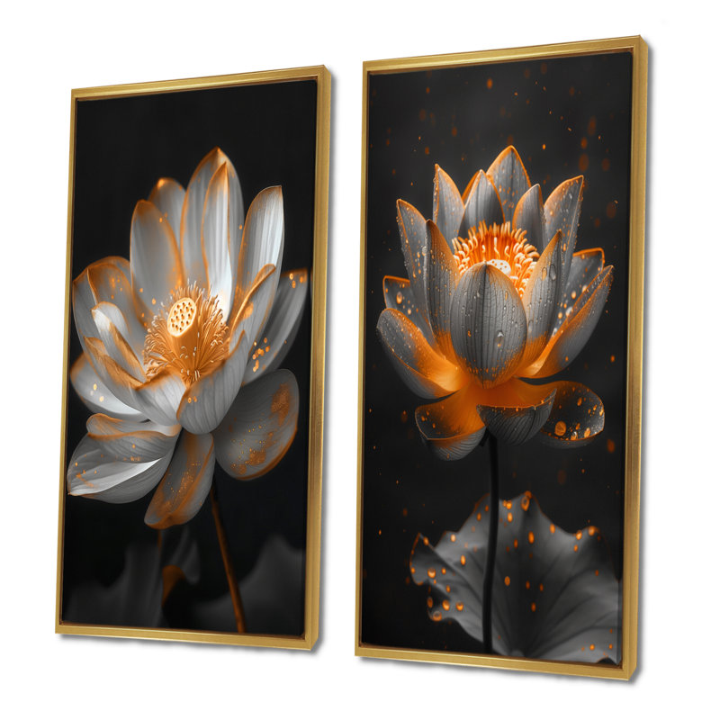 Ensemble de 2 pièces d'art mural Lotus, H 28 po x l 24 po, Impression encadrée, Doré