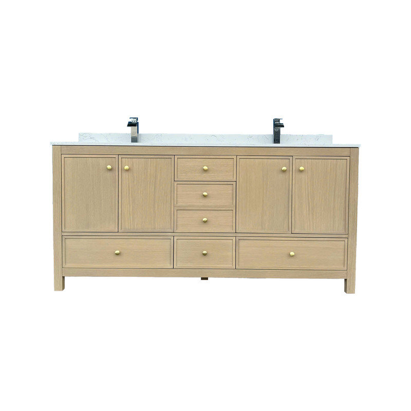 Meuble-lavabo double 60 po avec comptoir en marbre Calacatta, portes à fermeture douce et tiroir 60 po, Chêne