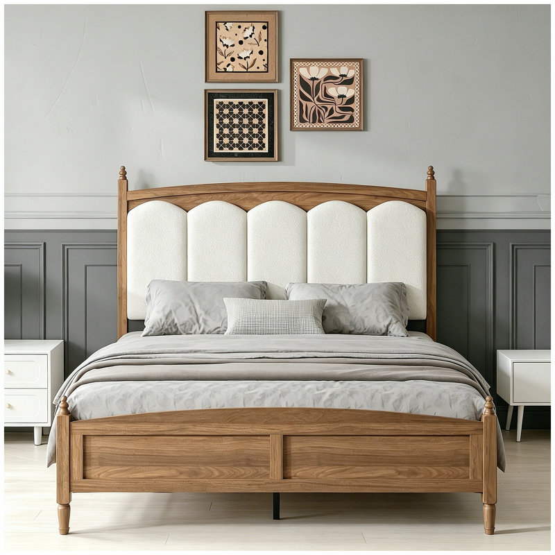 Base de lit plateforme grand avec tête de lit tapissier, style Mid-Century, brun, Queen
