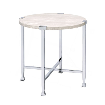 Round End Table With X-Shape Support, White Oak And Chrome