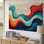 Toile, création d'une œuvre d'art numérique abstraite mettant en vedette un flux dynamique d'art mural avec des couleurs vives, y compris des rouges vifs, des oranges vives-560174552