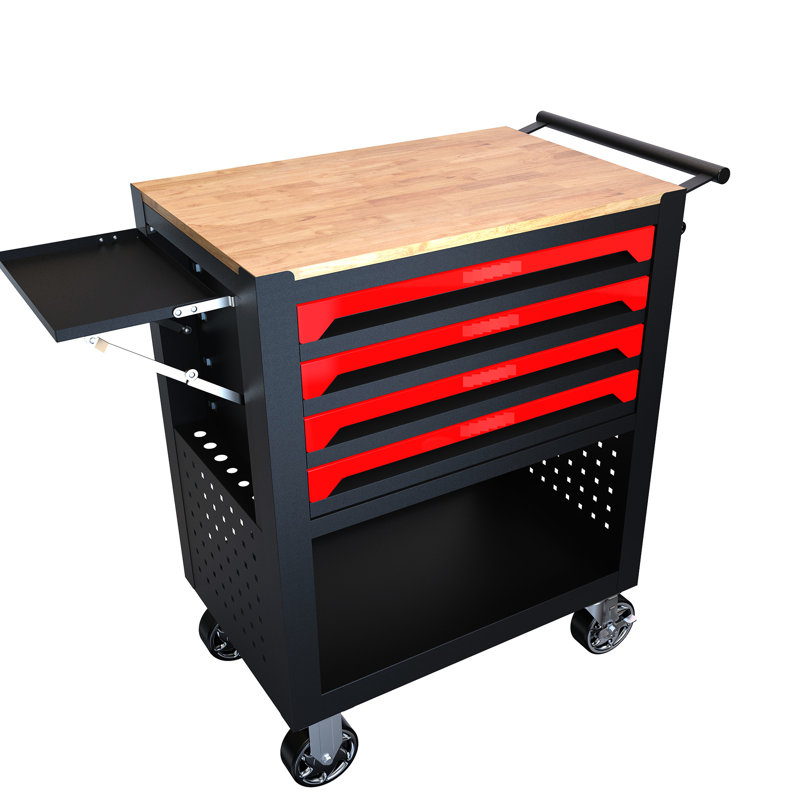 Chariot à outils robuste à 4 tiroirs avec roulettes et plateau en bois - Tablette réglable, rangement pour grande capacité