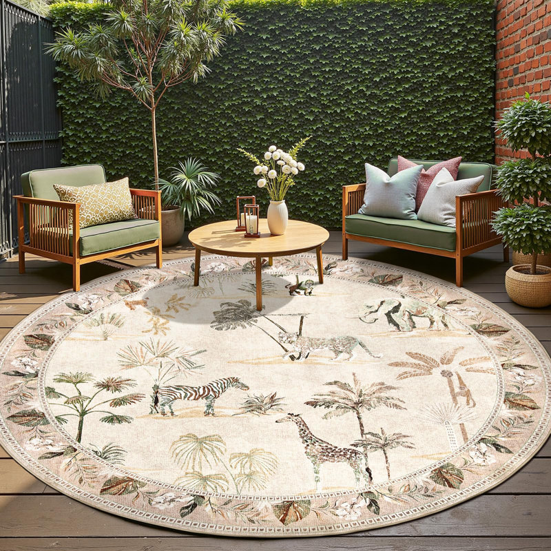 Animals Print Washable Thin Non-Slip Area Rug, Round 7', Jungle Beige