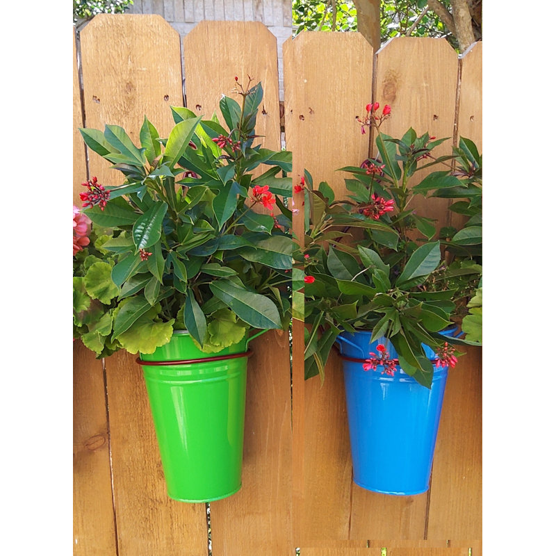 Ensemble de 2 pots à fleurs avec support en fer, Vert et bleu