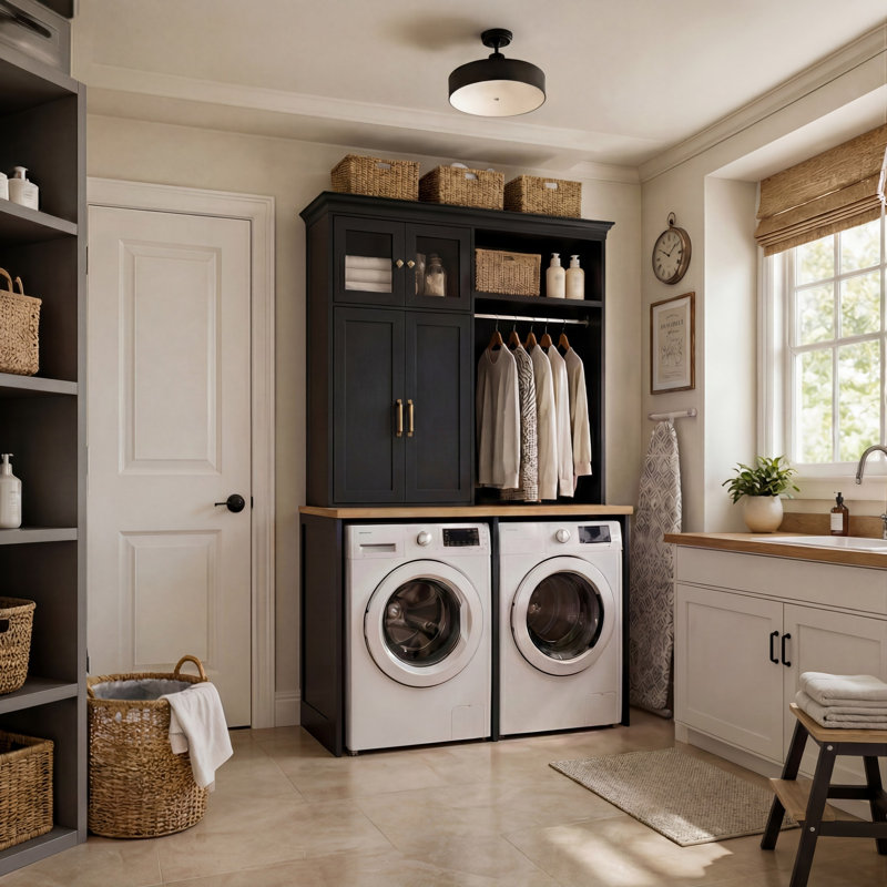 Armoire de rangement au-dessus de la laveuse et de la sécheuse avec tringle suspendue, 4 tablettes et rangement fermé, Black