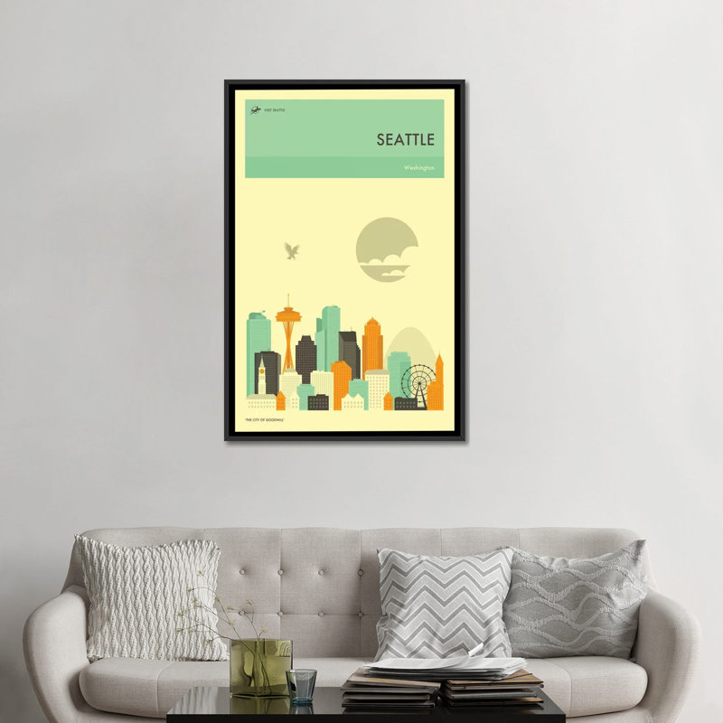 « seattle horizon », impression sur toile, H 26 po x l 18 po x P 1,5 po, Toile avec cadre noir, Pas de tapis