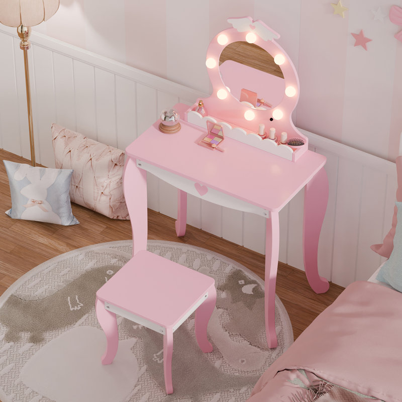 Kids Vanity with Stool and LED Mirror, Pink