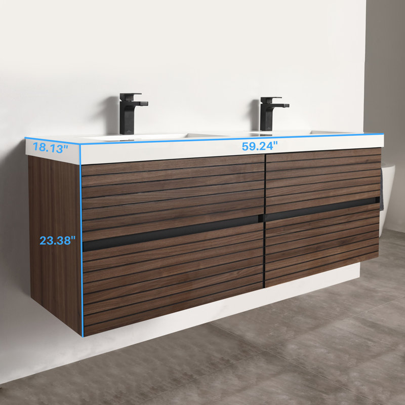 Meuble-lavabo flottant 60 po avec lavabo mural 60 po, Brun
