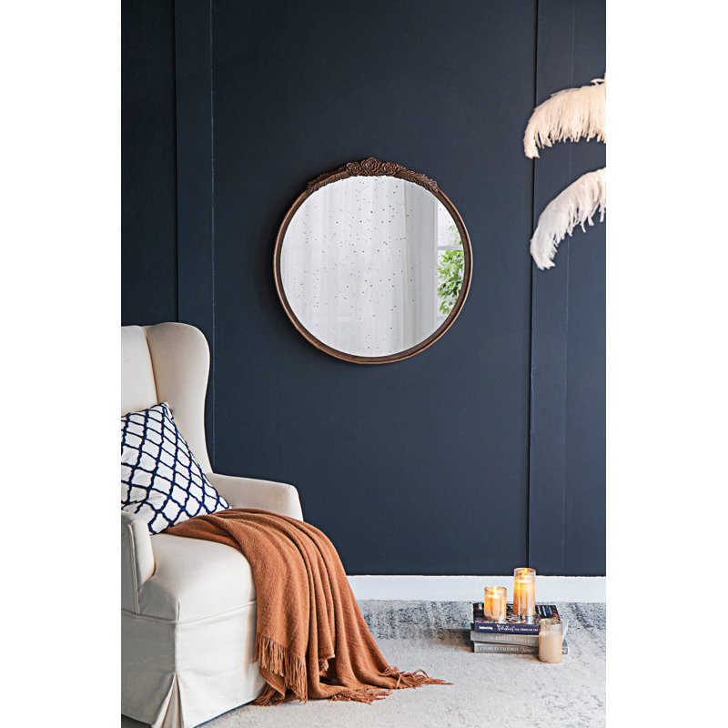 Miroir rond sculpté à la main, miroir mural, Brun