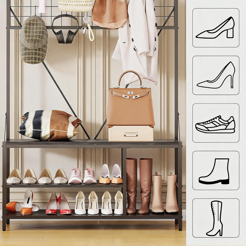 Arbre d'entrée 5 en 1 avec banc, portemanteau d'entrée avec tablette réglable, rangement pour chaussures, tringle à vêtements et support de rangement à 9 crochets