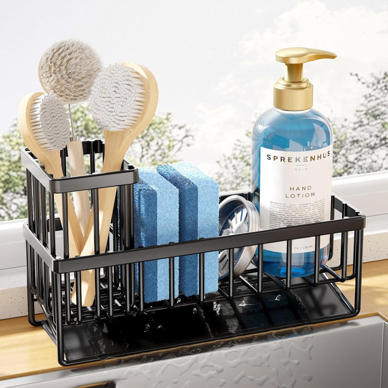 Support pour évier de cuisine en acier inoxydable - Porte-éponge et brosse avec plateau égouttoir