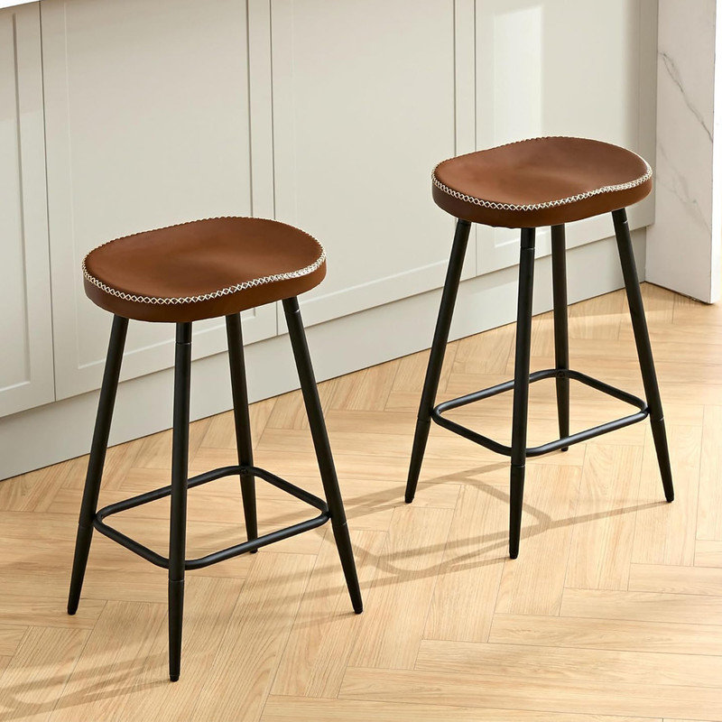 Adjustable Brown Faux Leather Saddle Bar Stools with Metal Legs
