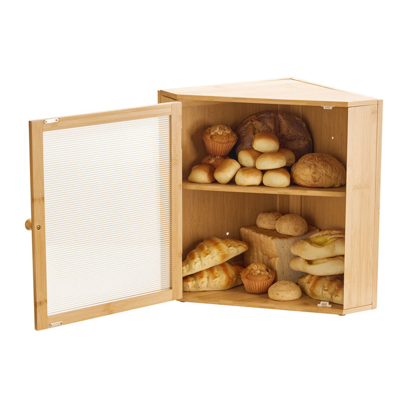 Boîte à pain de coin pour comptoir de cuisine - Contenant de rangement en bambou double couche avec tablette réglable et porte en acrylique
