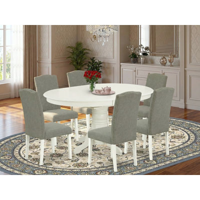 7 Piece Kitchen Table Set consists of an Oval Dining Table with Butterfly Leaf and 6 Dark Shitake Linen Fabric Parson Chairs, Linen White