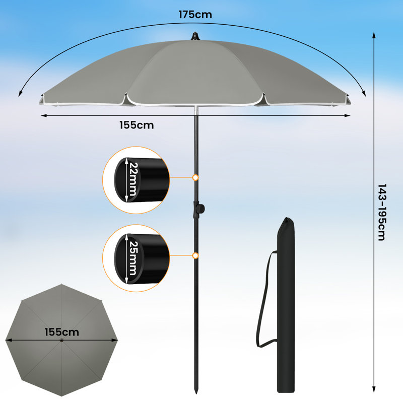 Breshay Beach Parasol, Grey, 195cm H x 175cm W x 175cm D
