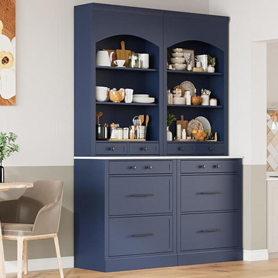 Modern 83.7Inch High Kitchen Pantry, Freestanding Tall Kitchen Hutch With Top,Cupboard Cabinet With 5 Storage Drawers And Adjustable Shelf, Set Of 2, Blue