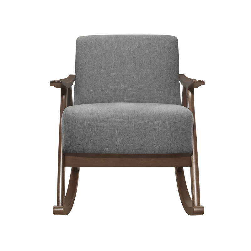 Chaise berçante moderne en tissu gris avec structure en bois d'hévéa massif, finition noyer foncé, rembourrage à ressorts ensachés
