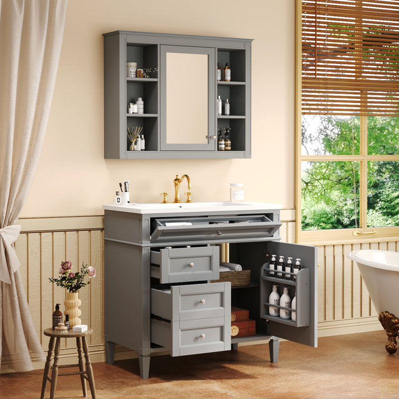 Meuble-lavabo avec armoire à pharmacie, armoire de rangement moderne avec 2 portes à fermeture douce et 4 tiroirs, meuble-lavabo simple