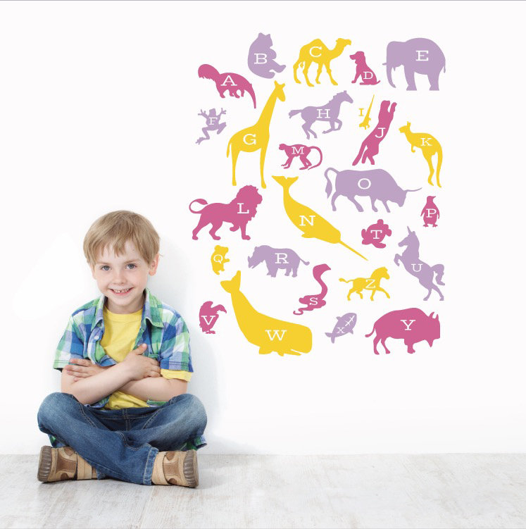 Décalcomanie murale alphabet animaux, Jaune / Rose, H 45 po x l 35 po x P 0,01 po