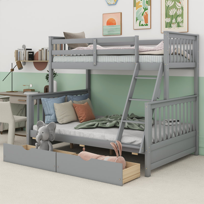 Bunk Bed with Ladder and Drawers, Gray