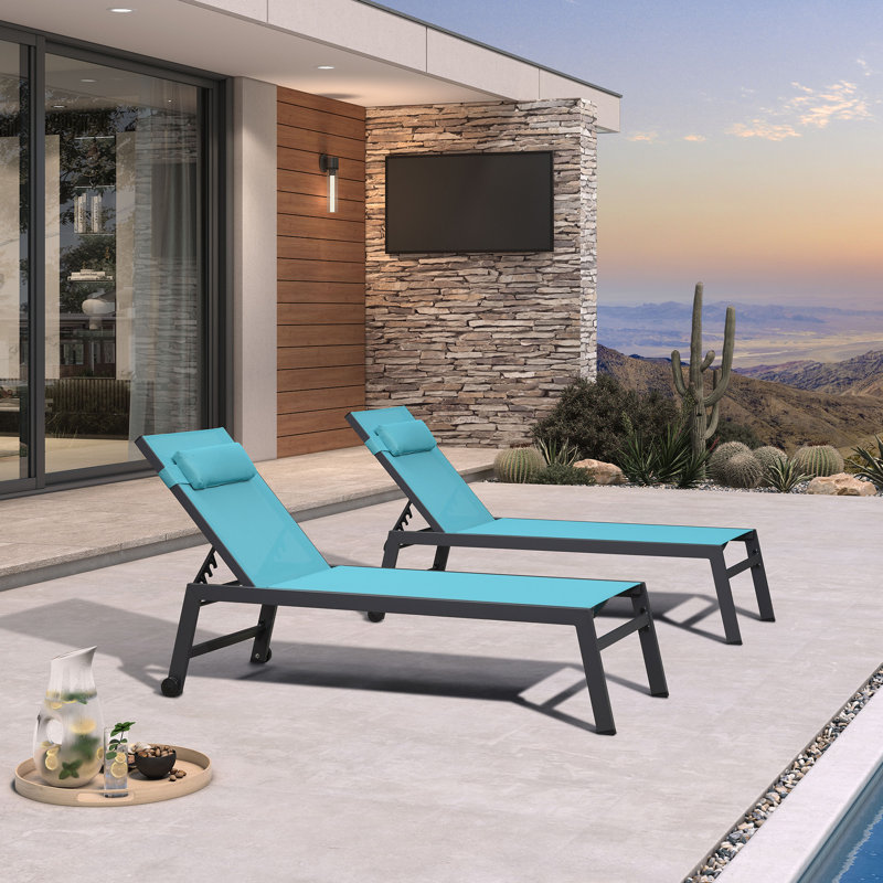 Structure d'extérieur surdimensionnée en aluminium pour chaise longue de piscine avec table d'appoint et roues, Bleu