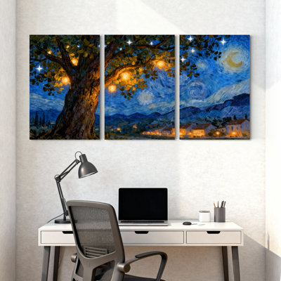 Abstract Starry Night Tree Village Lights Reflection Set of 3 Canvas Wall Art Prints