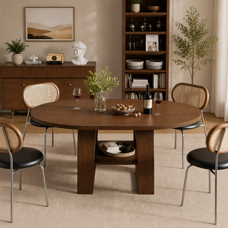 Table de salle à manger extensible ronde à ovale avec rallonge intégrée et piètement en forme de H